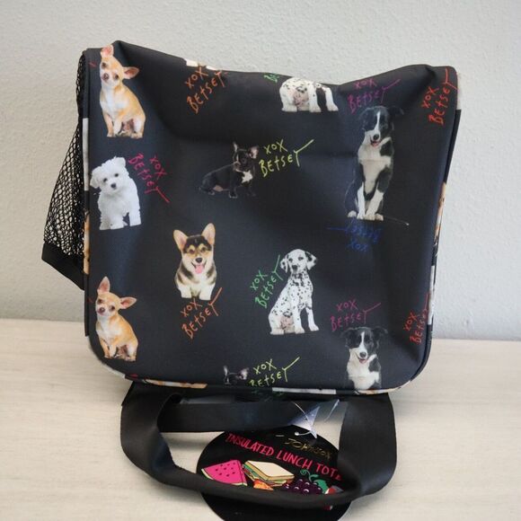 Betsey Johnson TBJ-1286 Black Allover Dogs Insulated Lunch Tote W/Mesh Pouc - Picture 2 of 8